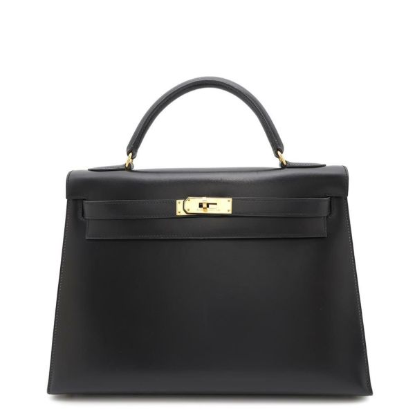 エルメス ハンドバッグ ケリー32 外縫い ブラック/ブラック/ゴールド金具 ボックスカーフ 〇W刻印 黒