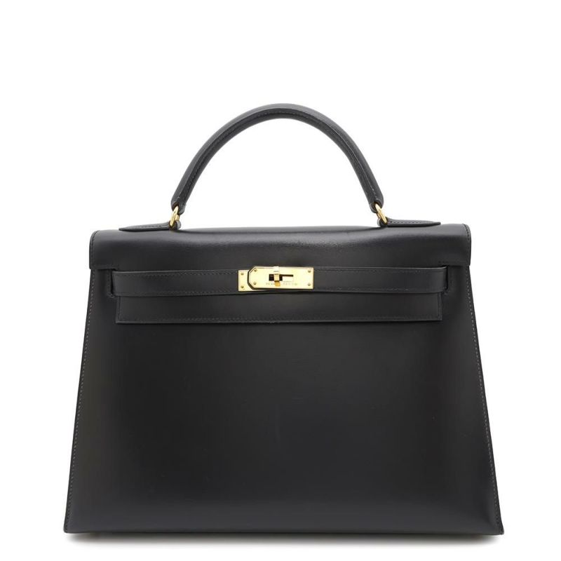 エルメス ハンドバッグ ケリー32 外縫い ブラック/ブラック/ゴールド金具 ボックスカーフ 〇W刻印 黒