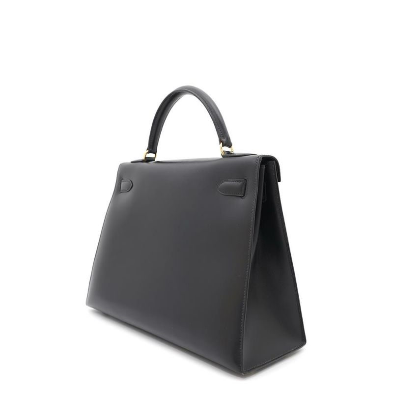 エルメス ハンドバッグ ケリー32 外縫い ブラック/ブラック/ゴールド金具 ボックスカーフ 〇W刻印 黒