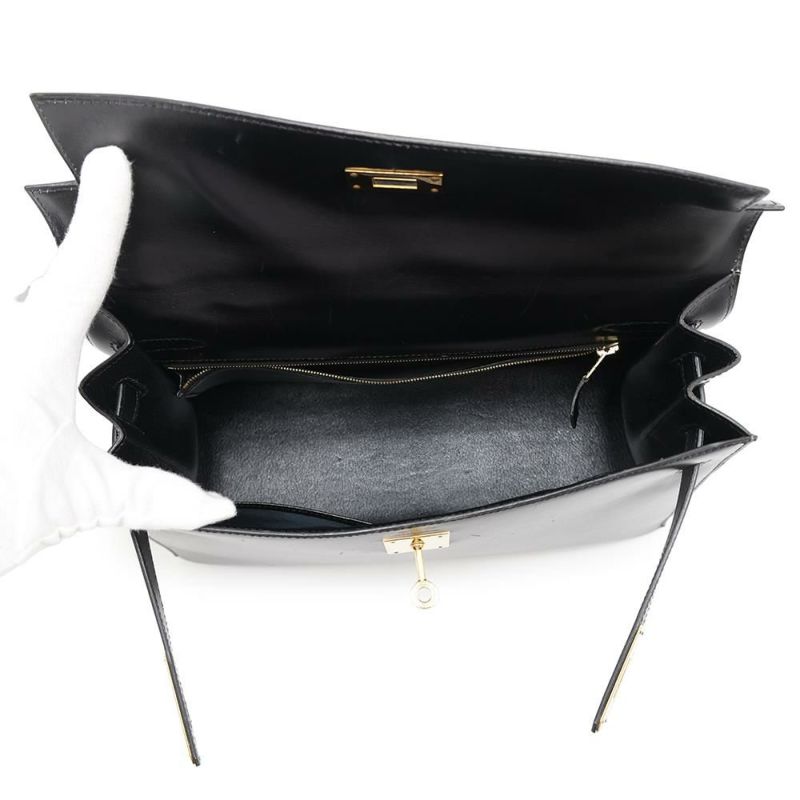 エルメス ハンドバッグ ケリー32 外縫い ブラック/ブラック/ゴールド金具 ボックスカーフ 〇W刻印 黒