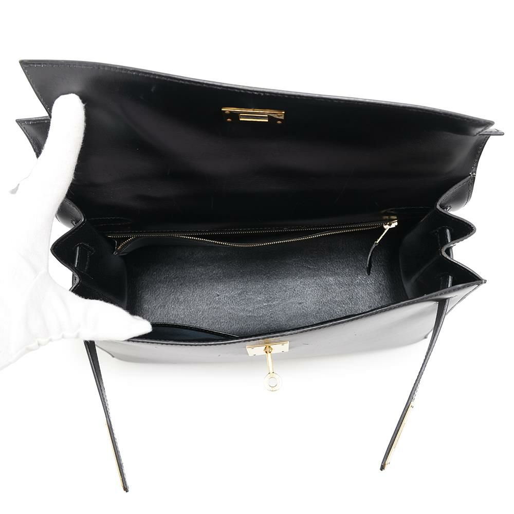 エルメス ハンドバッグ ケリー32 外縫い ブラック/ブラック/ゴールド金具 ボックスカーフ 〇W刻印 黒