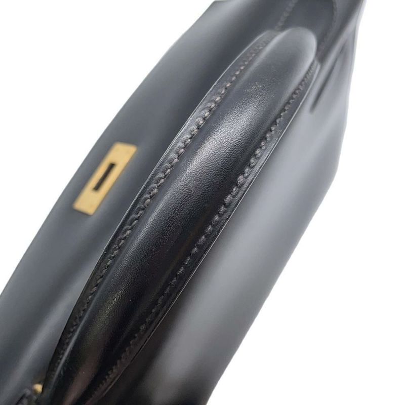 エルメス ハンドバッグ ケリー32 外縫い ブラック/ブラック/ゴールド金具 ボックスカーフ 〇W刻印 黒