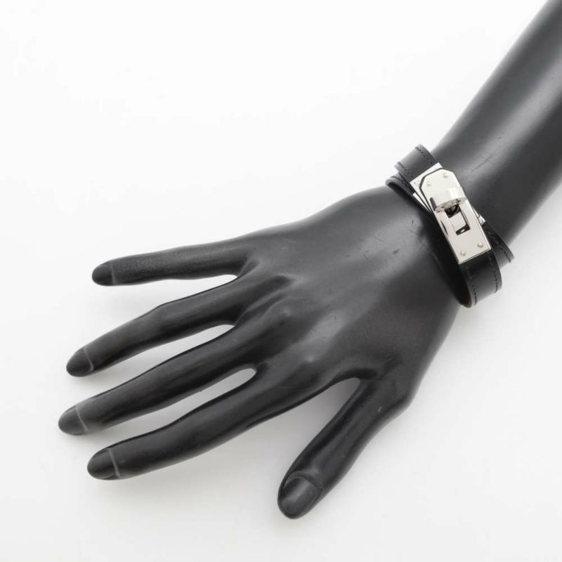 エルメス ブレスレット ケリー ドゥブルトゥール ブラック/シルバー金具 ボックスカーフ B刻印 サイズT2 黒
