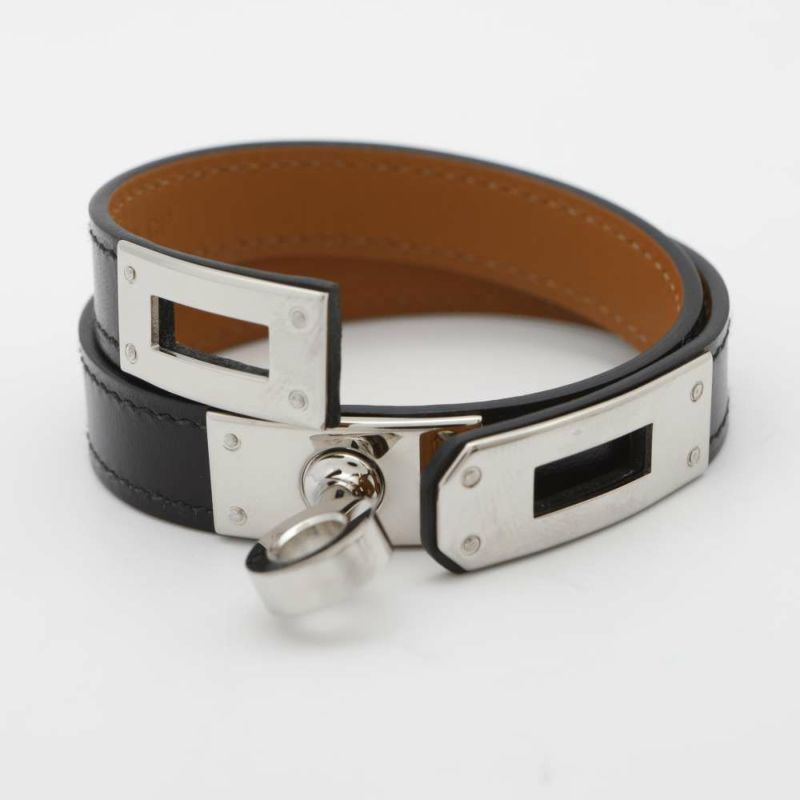 エルメス ブレスレット ケリー ドゥブルトゥール ブラック/シルバー金具 ボックスカーフ B刻印 サイズT2 黒