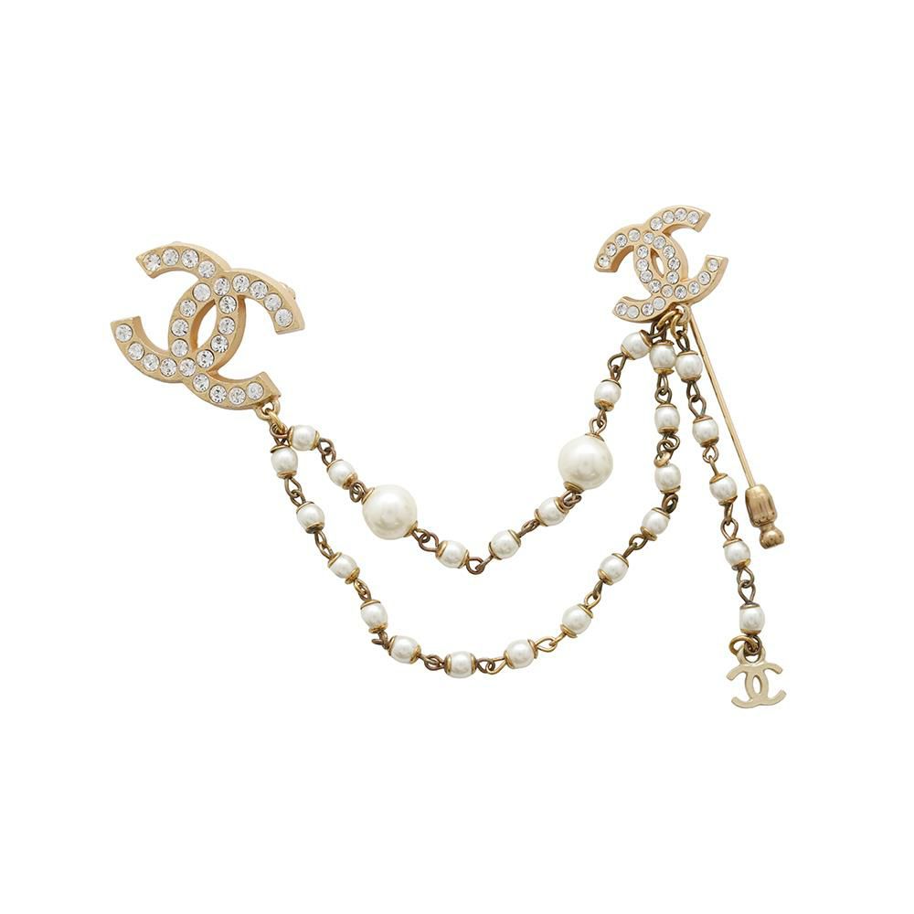シャネル ブローチ ココマーク ラインストーン フェイクパール 2連ブローチ 01 P CHANEL アクセサリー