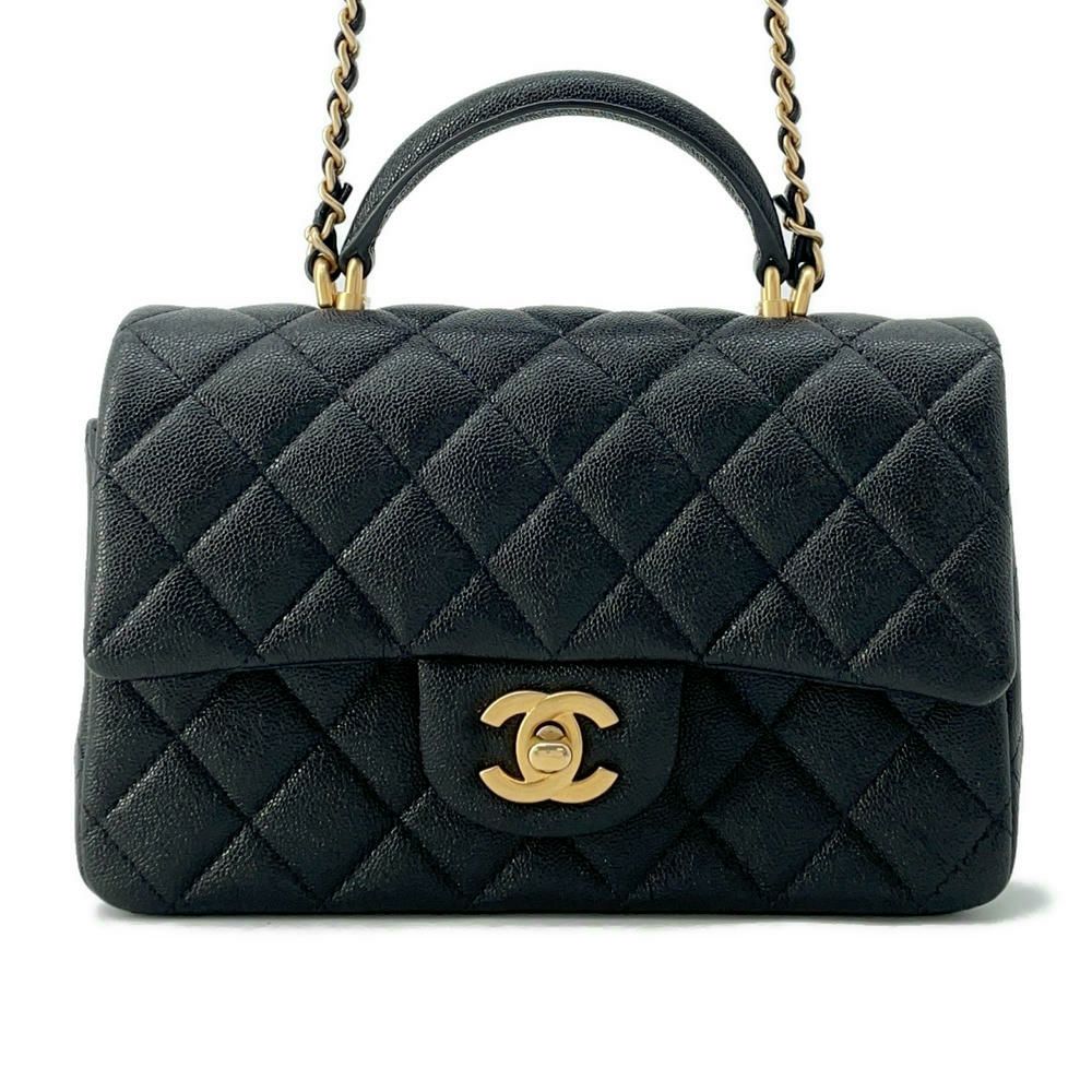 シャネル チェーンショルダーバッグ マトラッセ ココマーク トップハンドル ミニ キャビアスキン AS2431 黒