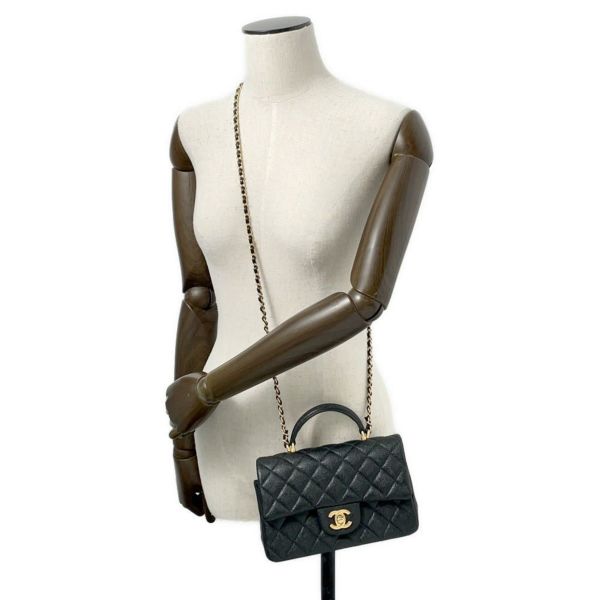 シャネル チェーンショルダーバッグ マトラッセ ココマーク トップハンドル ミニ キャビアスキン AS2431 黒