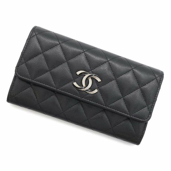 シャネル 長財布 マトラッセ フラップ ココマーク ラインストーン キャビアスキン AP3339 財布 黒