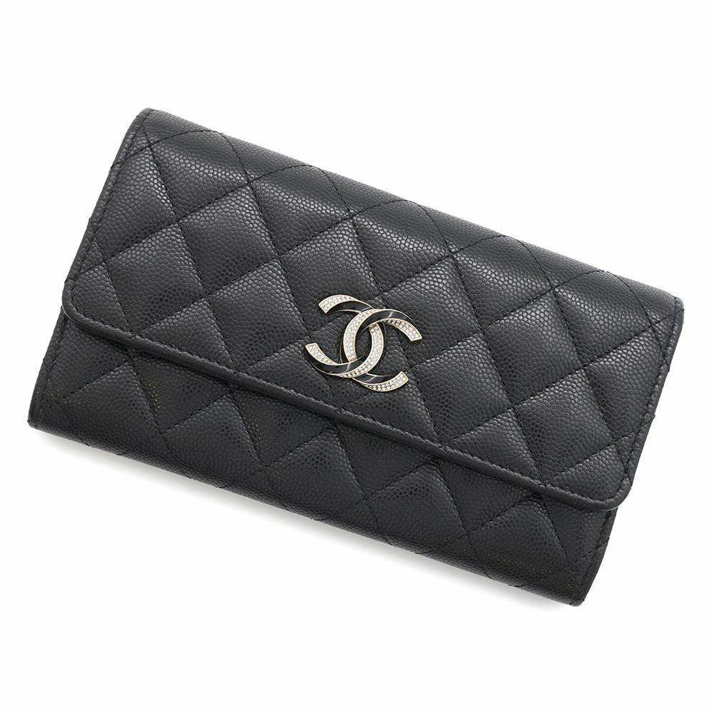 シャネル 長財布 マトラッセ フラップ ココマーク ラインストーン キャビアスキン AP3339 財布 黒
