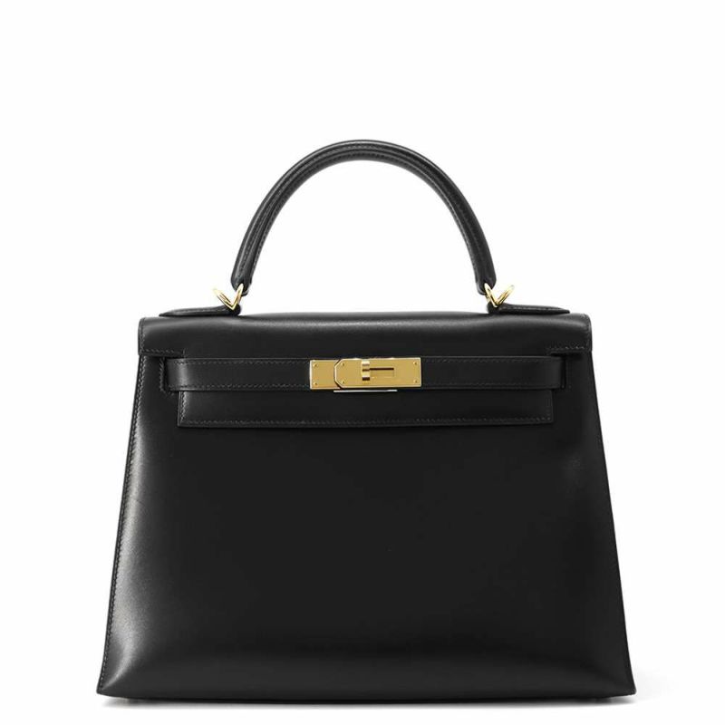 エルメス ハンドバッグ ケリー28 外縫い ブラック/ゴールド金具 ボックスカーフ □C刻印 HERMES Kelly 2wayバッグ 黒