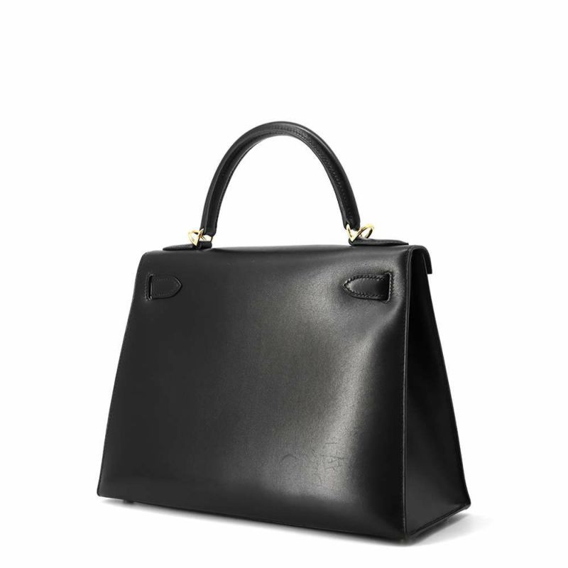 エルメス ハンドバッグ ケリー28 外縫い ブラック/ゴールド金具 ボックスカーフ □C刻印 HERMES Kelly 2wayバッグ 黒