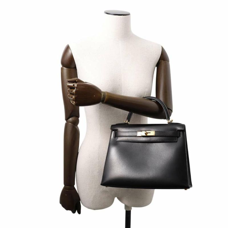 エルメス ハンドバッグ ケリー28 外縫い ブラック/ゴールド金具 ボックスカーフ □C刻印 HERMES Kelly 2wayバッグ 黒