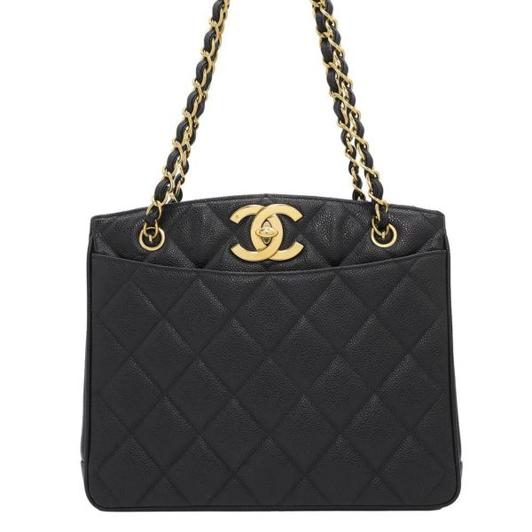 シャネル チェーントートバッグ マトラッセ ココマークターンロック キャビアスキン CHANEL 黒