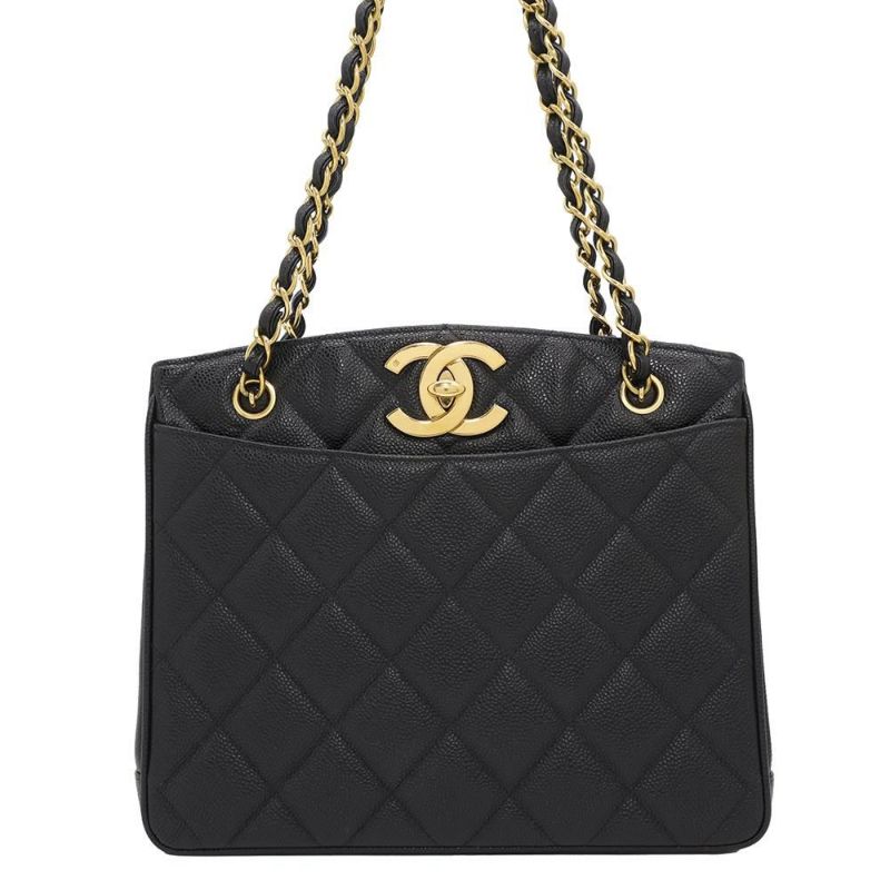 シャネル チェーントートバッグ マトラッセ ココマークターンロック キャビアスキン CHANEL 黒