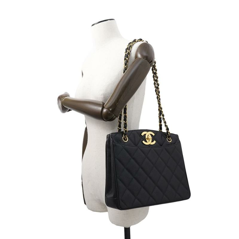 シャネル チェーントートバッグ マトラッセ ココマークターンロック キャビアスキン CHANEL 黒
