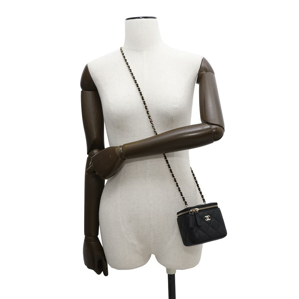 シャネル チェーンショルダーバッグ マトラッセ ココマーク ヴァニティケース ミニ キャビアスキン AP1340 バニティ 黒