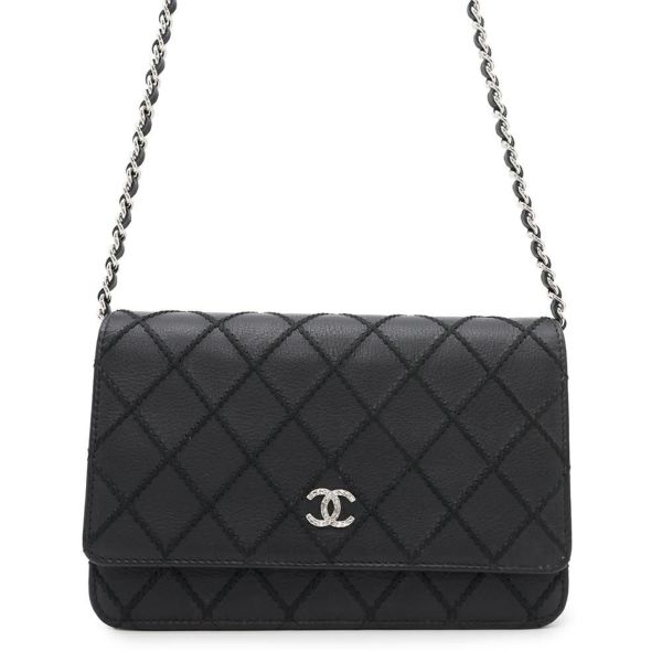 シャネル チェーンウォレット ワイルドステッチ ココマーク レザー CHANEL 財布 黒
