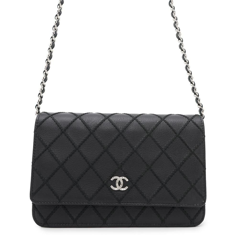 シャネル チェーンウォレット ワイルドステッチ ココマーク レザー CHANEL 財布 黒