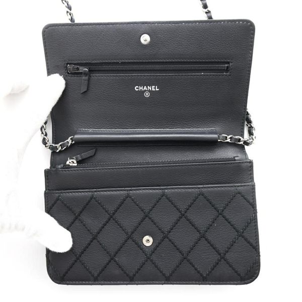 シャネル チェーンウォレット ワイルドステッチ ココマーク レザー CHANEL 財布 黒