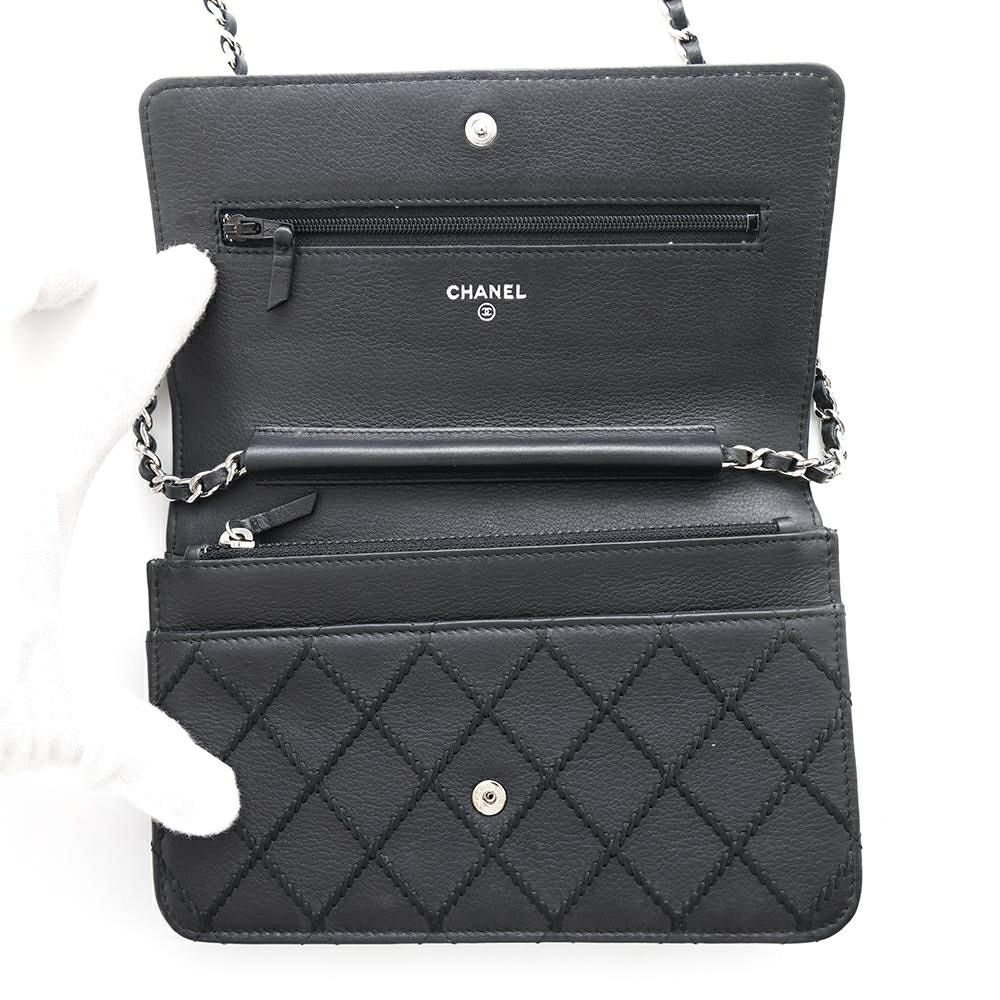シャネル チェーンウォレット ワイルドステッチ ココマーク レザー CHANEL 財布 黒