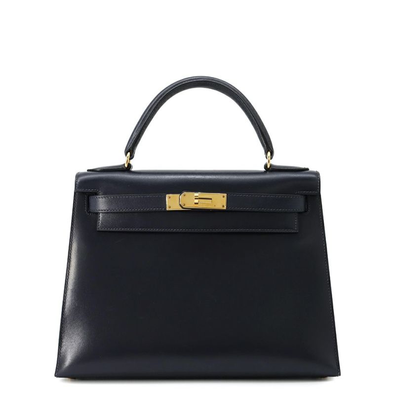 エルメス ハンドバッグ ケリー28 外縫い ブルーインディゴ/ゴールド金具 ボックスカーフ □C刻印 2wayショルダー