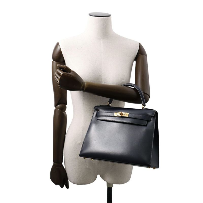 エルメス ハンドバッグ ケリー28 外縫い ブルーインディゴ/ゴールド金具 ボックスカーフ □C刻印 2wayショルダー