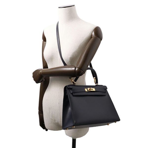 エルメス ハンドバッグ ケリー28 外縫い ブルーインディゴ/ゴールド金具 ボックスカーフ □C刻印 2wayショルダー