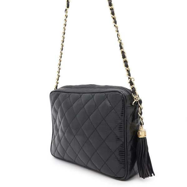 シャネル チェーンショルダーバッグ マトラッセ ココマーク タッセル リザード CHANEL 黒