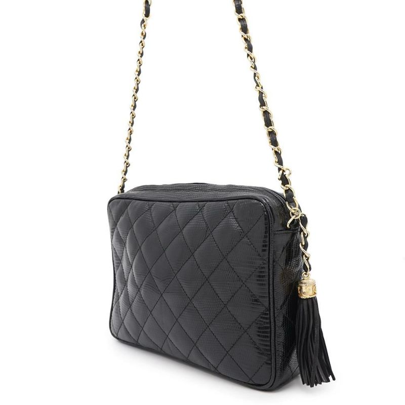 シャネル チェーンショルダーバッグ マトラッセ ココマーク タッセル リザード CHANEL 黒