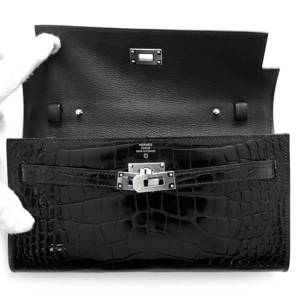 エルメス ケリーウォレット ロング トゥーゴー ブラック/シルバー金具 アリゲーターシャイン B刻印 黒
