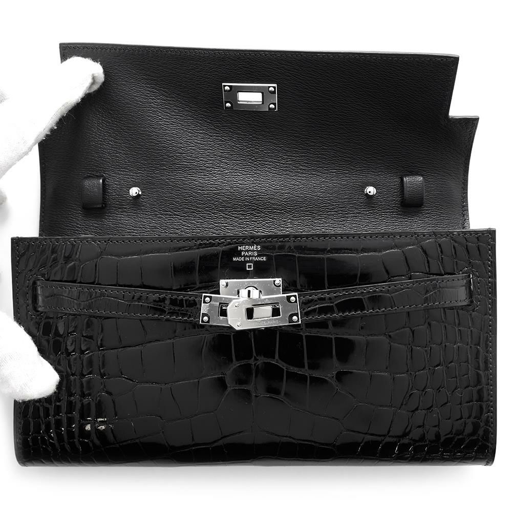 エルメス ケリーウォレット ロング トゥーゴー ブラック/シルバー金具 アリゲーターシャイン B刻印 黒