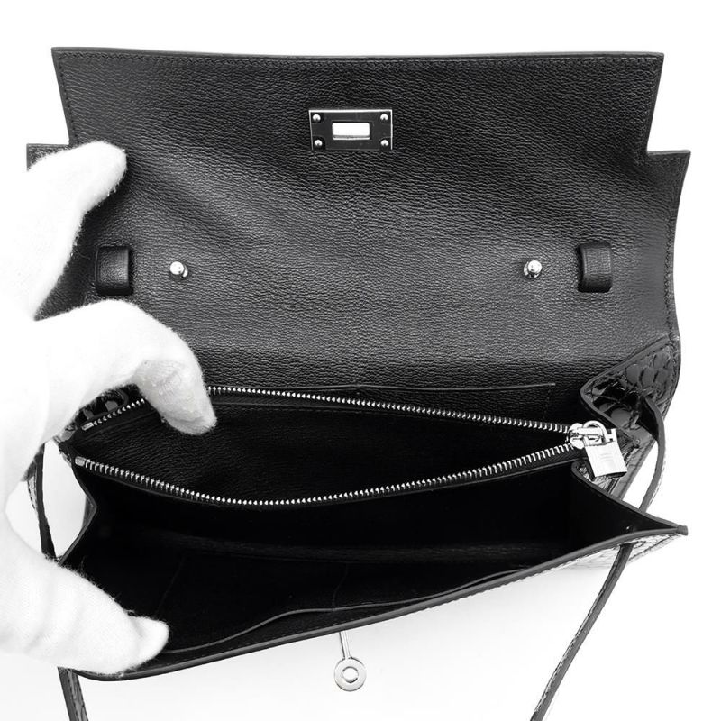 エルメス ケリーウォレット ロング トゥーゴー ブラック/シルバー金具 アリゲーターシャイン B刻印 黒