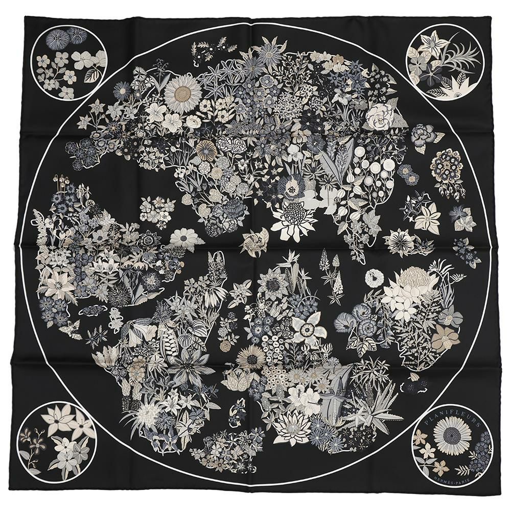 エルメス スカーフ カレ90 プラニフルール Planifleurs HERMES シルク 2023年秋冬 黒