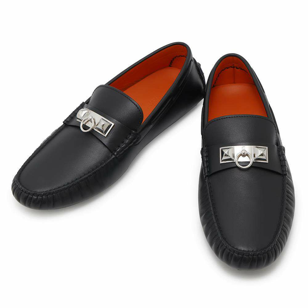 エルメス モカシン パリ ブラック/シルバー金具 レザー メンズサイズ42 