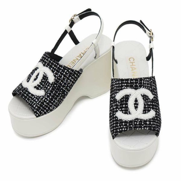 シャネル サンダル ココマーク 厚底 ウェッジソール スパンコール ツイード レディースサイズ36C G45621 CHANEL 靴 黒 白