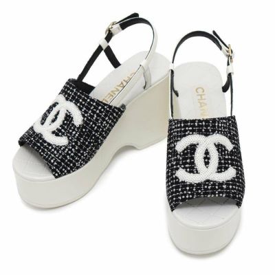 靴 CHANEL シャネル ツイード サンダル ブラック ココマーク