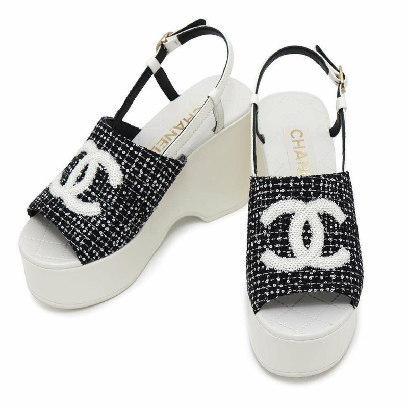シャネル サンダル ココマーク 厚底 ウェッジソール スパンコール ツイード レディースサイズ36C G45621 CHANEL 靴 黒 白