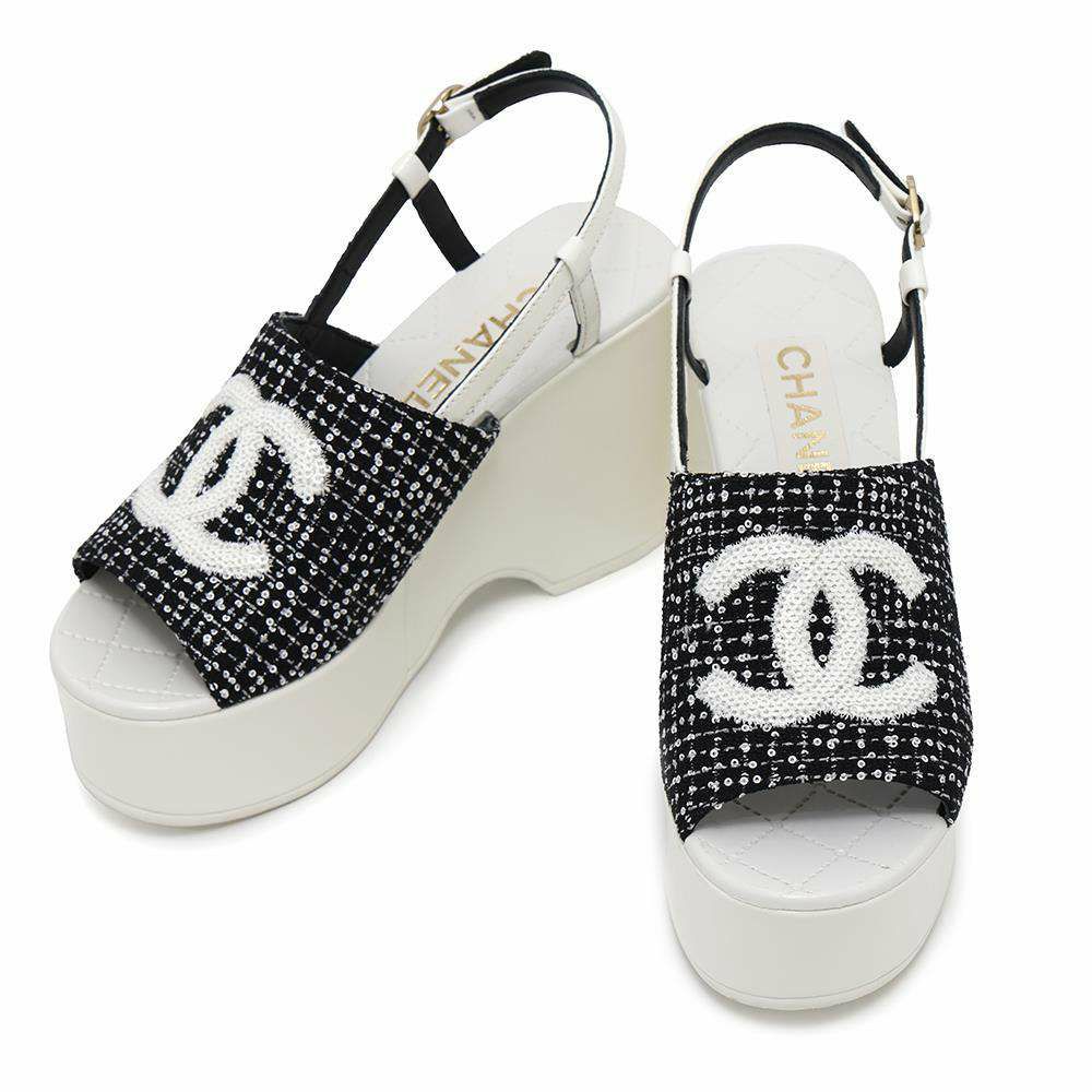 シャネル サンダル ココマーク 厚底 ウェッジソール スパンコール ツイード レディースサイズ36C G45621 CHANEL 靴 黒 白