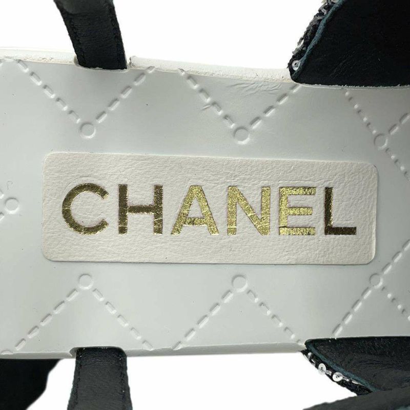 シャネル サンダル ココマーク 厚底 ウェッジソール スパンコール ツイード レディースサイズ36C G45621 CHANEL 靴 黒 白