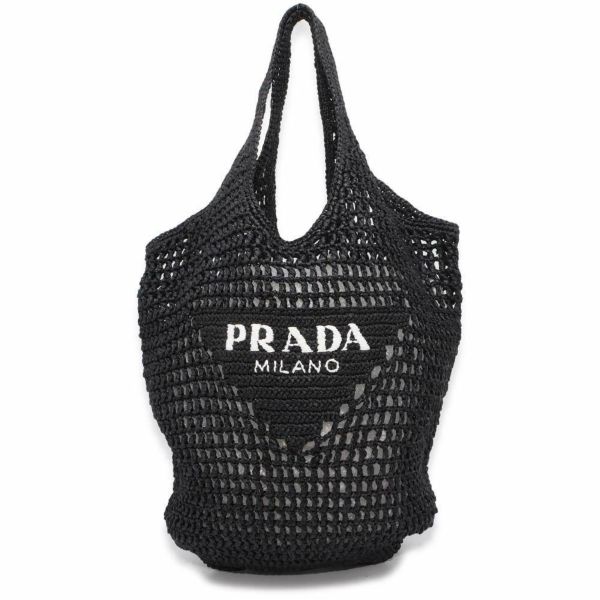 プラダ トートバッグ ロゴ ラフィア 1BG424 PRADA かごバッグ 黒 白