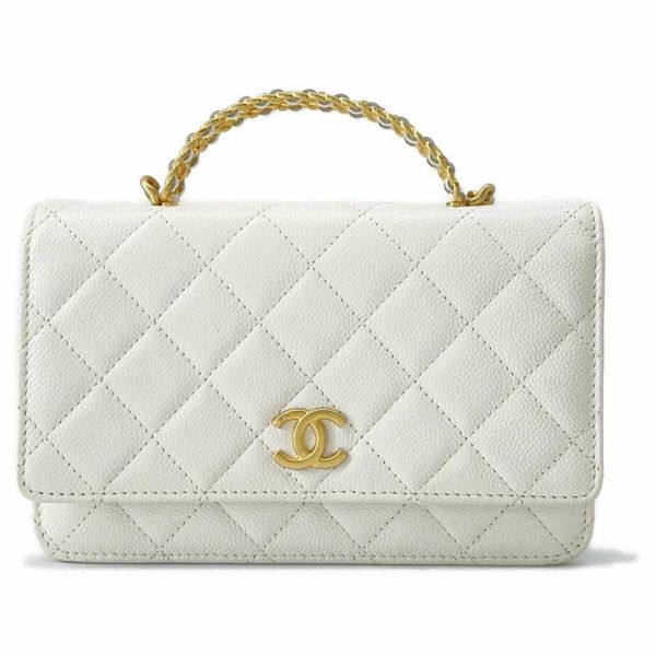 シャネル チェーンウォレット マトラッセ トップハンドル ロゴ ココマーク キャビアスキン CHANEL 財布 白