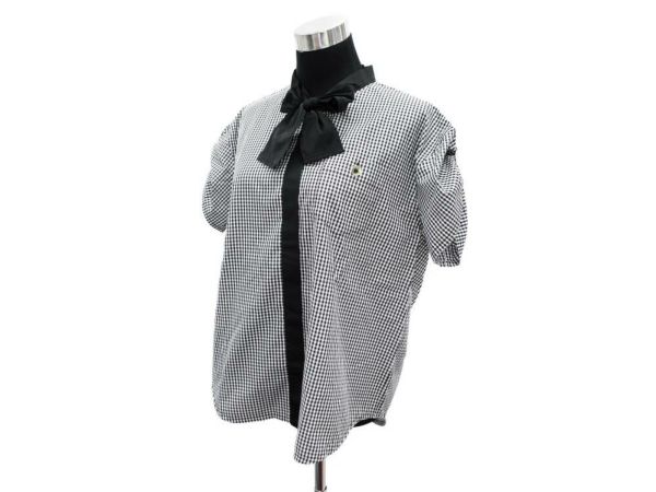 ルイヴィトン　ブラウス ギンガムチェック ブラック ホワイト レディースサイズ40 LOUIS VUITTON リボン 服 半袖 シャツ