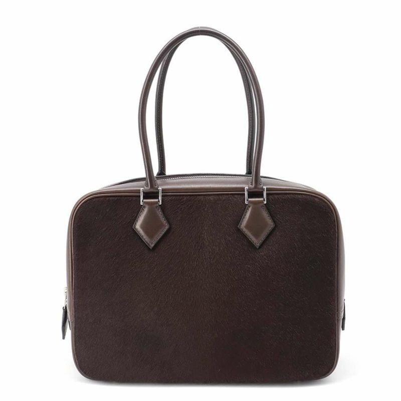エルメス ハンドバッグ プリュム28 ブラウン/シルバー金具 ハラコ/スイフト □K刻印