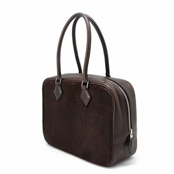 エルメス ハンドバッグ プリュム28 ブラウン/シルバー金具 ハラコ/スイフト □K刻印