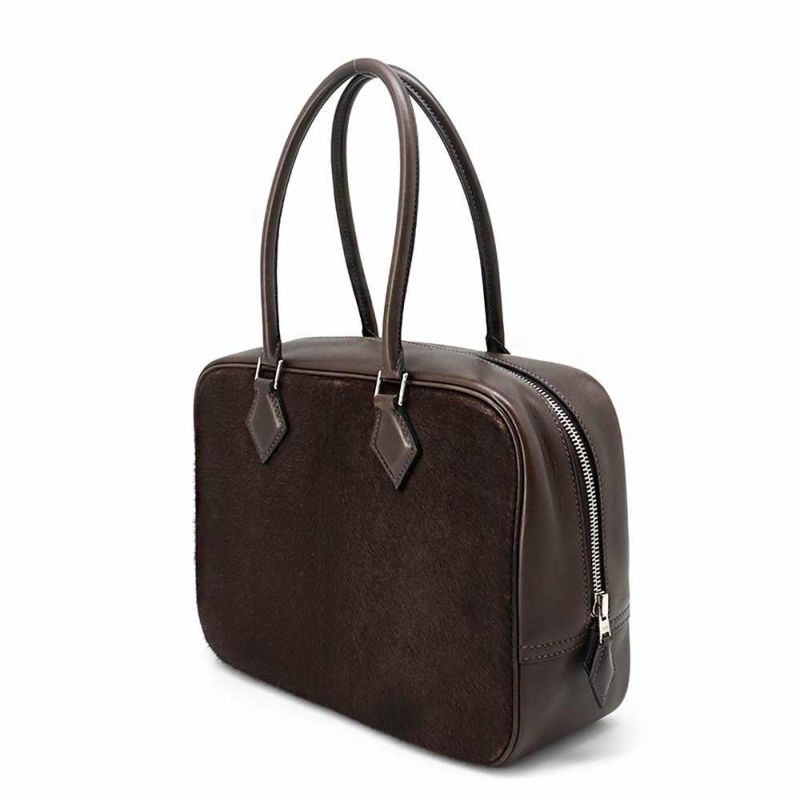 エルメス ハンドバッグ プリュム28 ブラウン/シルバー金具 ハラコ/スイフト □K刻印