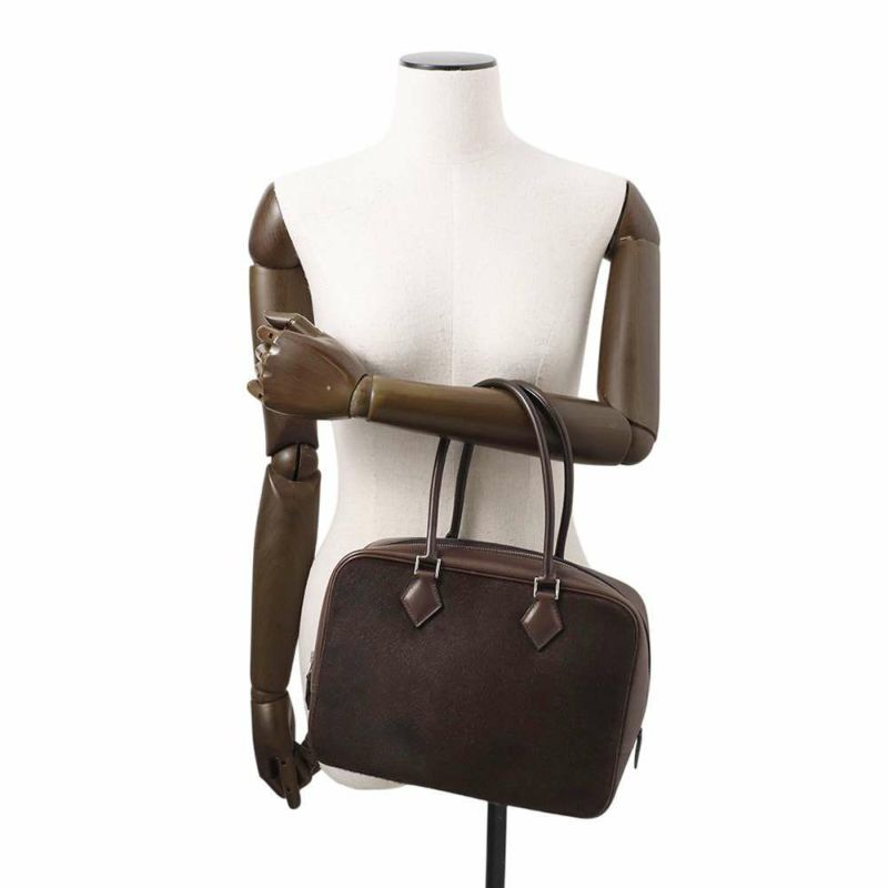 エルメス ハンドバッグ プリュム28 ブラウン/シルバー金具 ハラコ/スイフト □K刻印