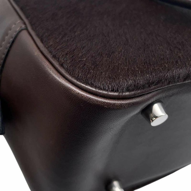 エルメス ハンドバッグ プリュム28 ブラウン/シルバー金具 ハラコ/スイフト □K刻印