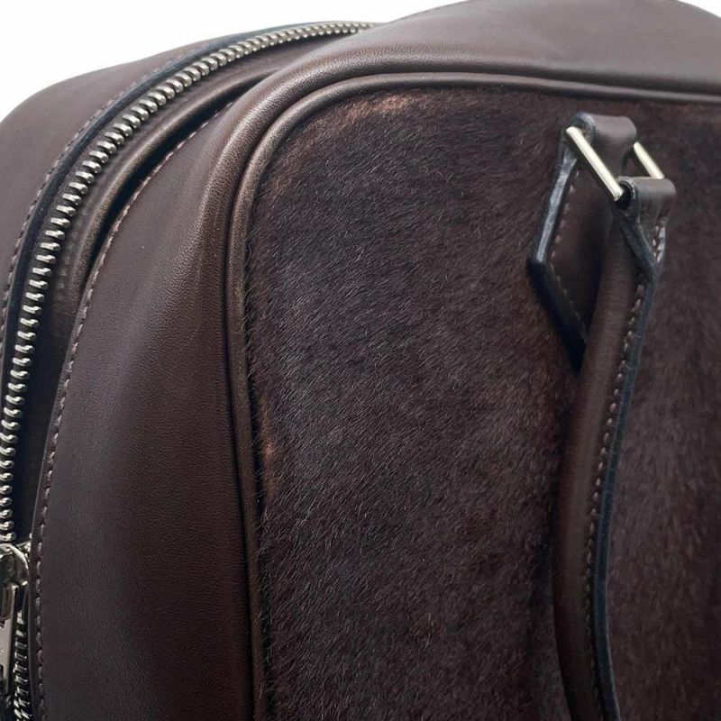 エルメス ハンドバッグ プリュム28 ブラウン/シルバー金具 ハラコ/スイフト □K刻印