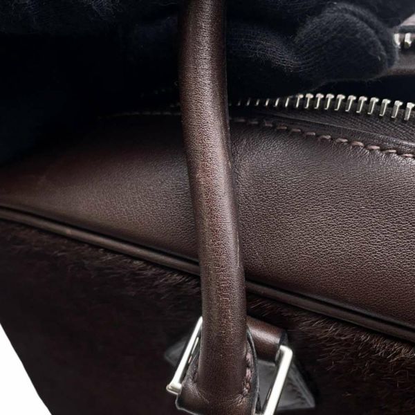 エルメス ハンドバッグ プリュム28 ブラウン/シルバー金具 ハラコ/スイフト □K刻印