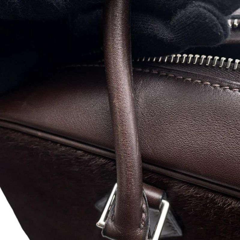 エルメス ハンドバッグ プリュム28 ブラウン/シルバー金具 ハラコ/スイフト □K刻印